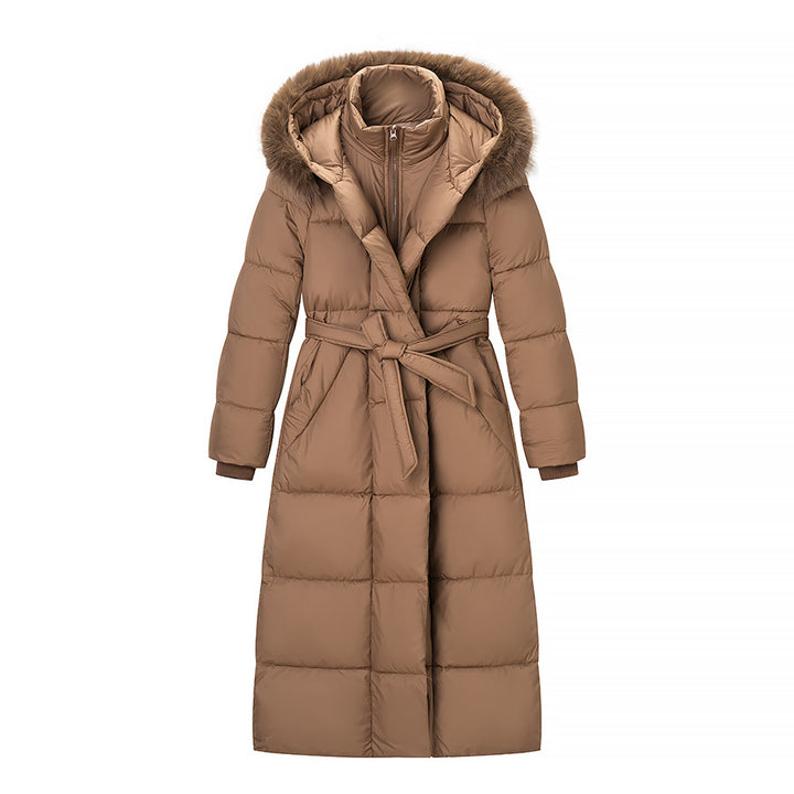 Women’s Quilted Longline Coat with Hood and Waist Belt Mune Fashion