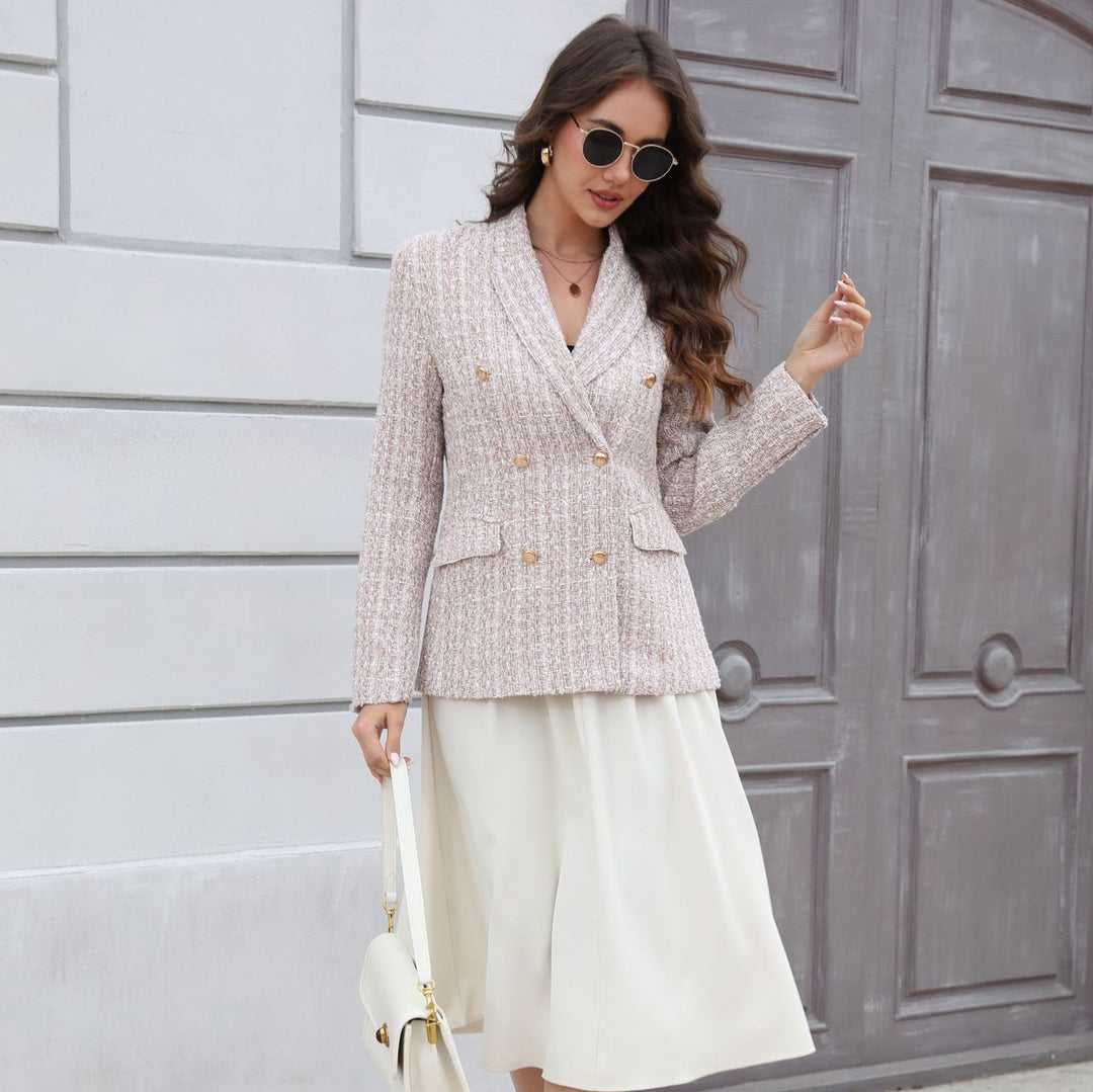 Women Double-Breasted Bouclé Blazer with Shawl Collar, Tailored Silhouette and Decorative Buttons Mune Fashion