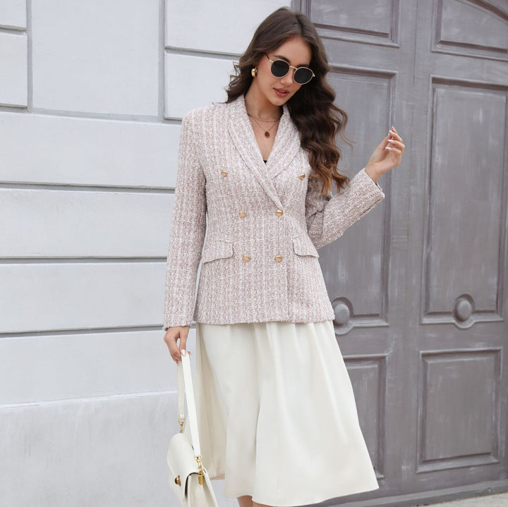 Women Double-Breasted Bouclé Blazer with Shawl Collar, Tailored Silhouette and Decorative Buttons Mune Fashion