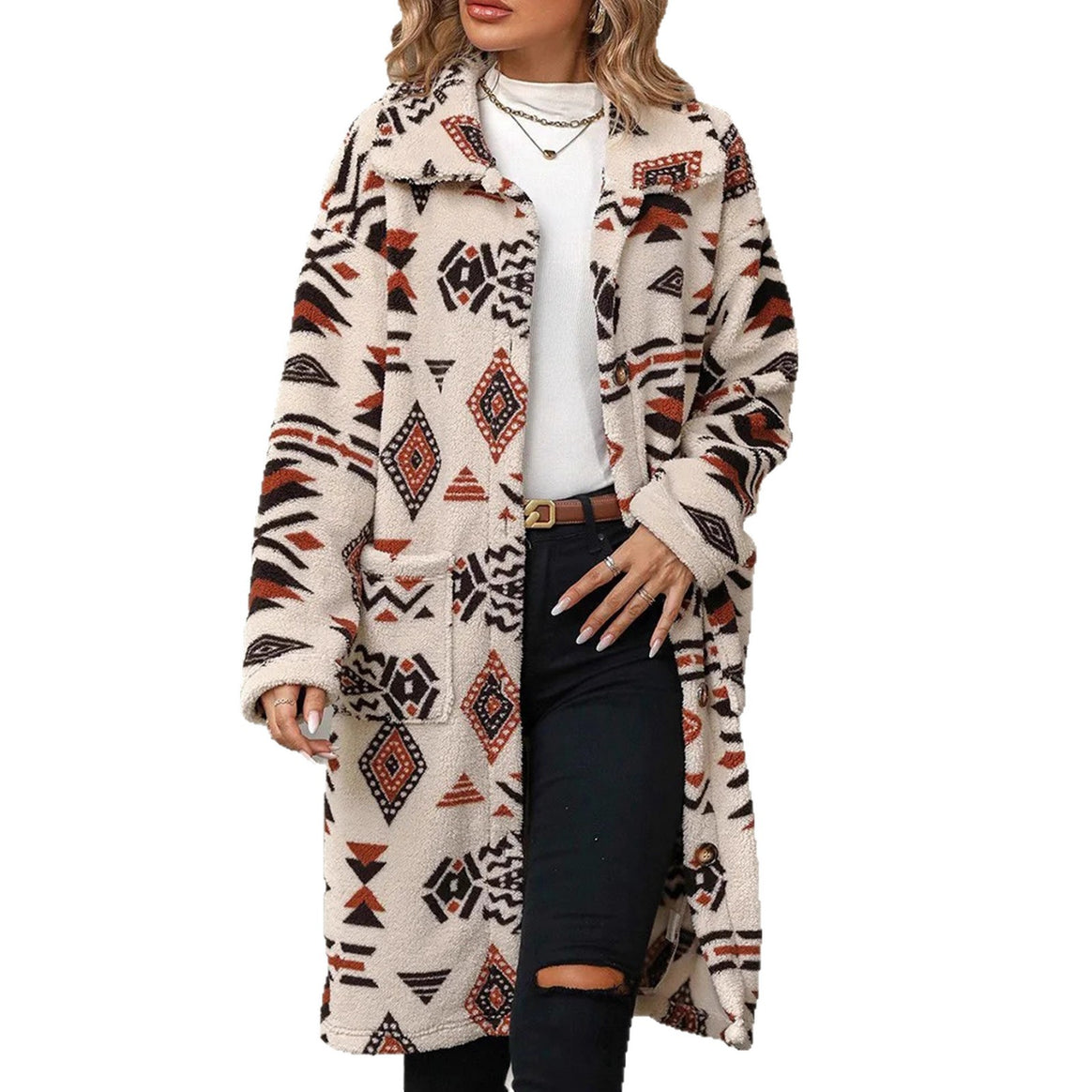 Women Teddy Coat with Aztec Pattern, Button Placket and Patch Pockets Mune Fashion