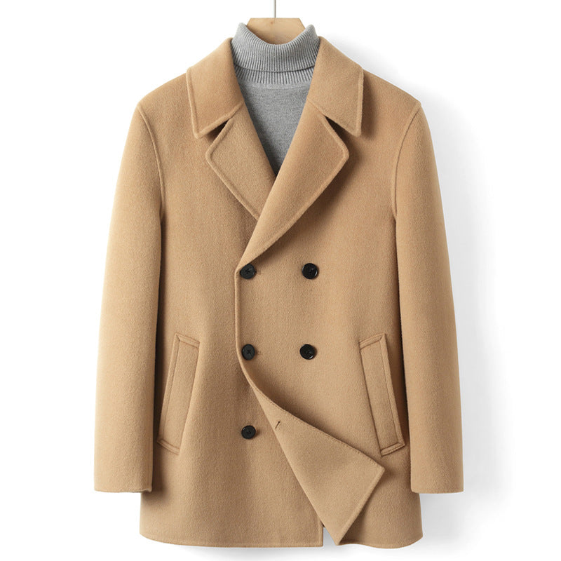 Men's Double-Breasted Wool Coat in Short Cut with Notched Lapel Mune Fashion