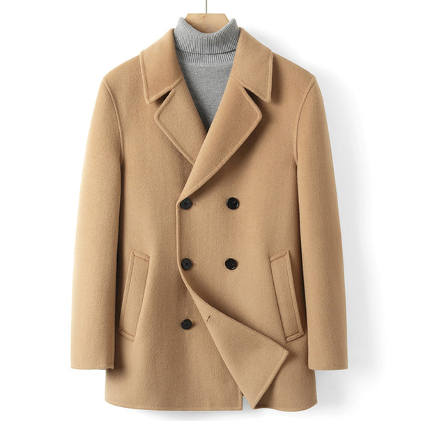 Men's Double-Breasted Wool Coat in Short Cut with Notched Lapel Mune Fashion