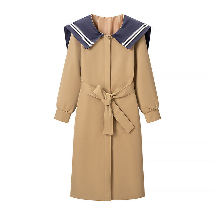 Women's trench coat with oversized sailor collar, waist belt, and concealed button placket Mune Fashion