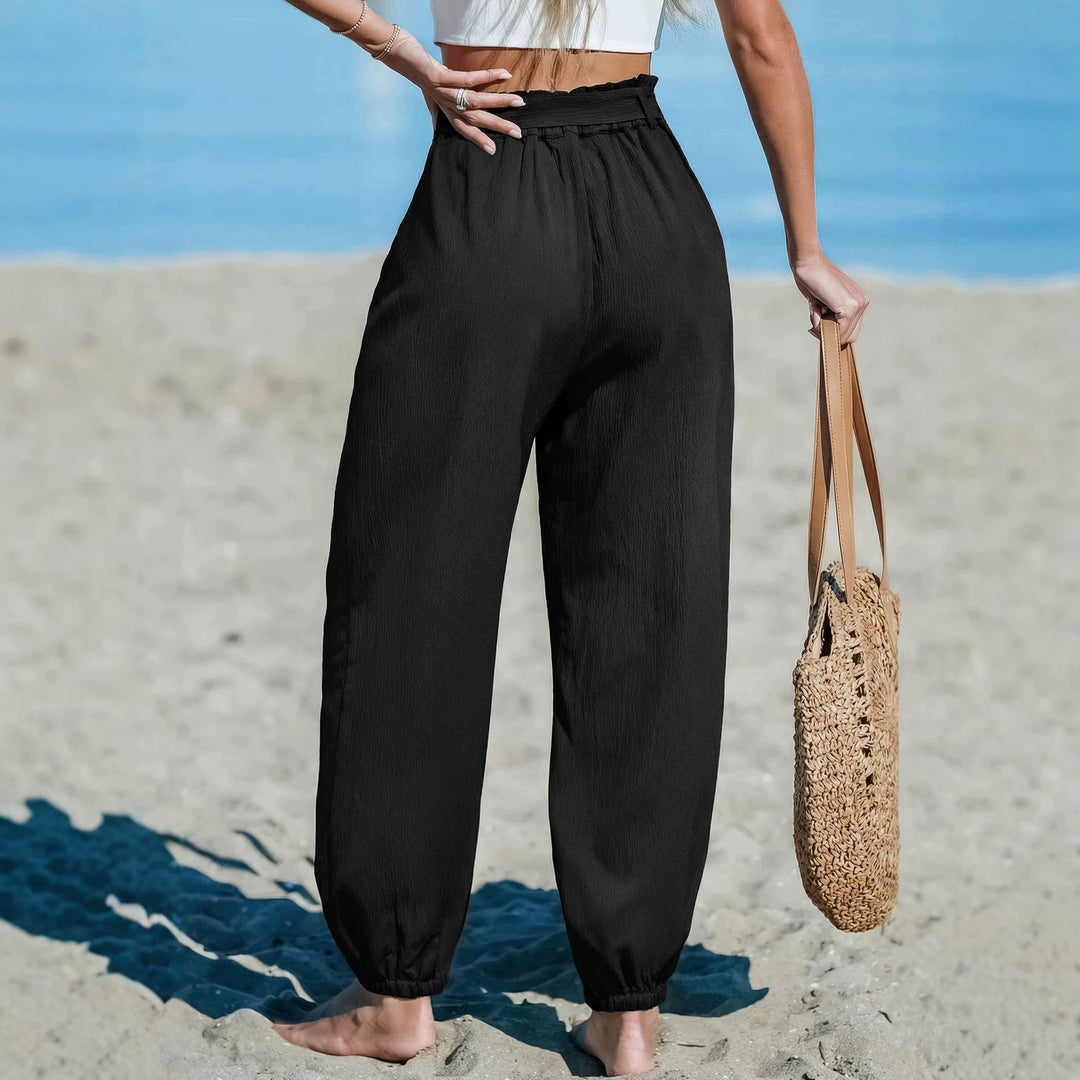 Women Lightweight Paperbag High Waist Pants with Tying Belt, Side Pockets and Elastic Ankle Cuffs Drune