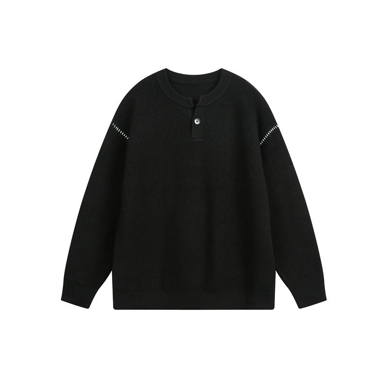 Unisex chunky knit henley pullover with button placket and drop shoulder drape