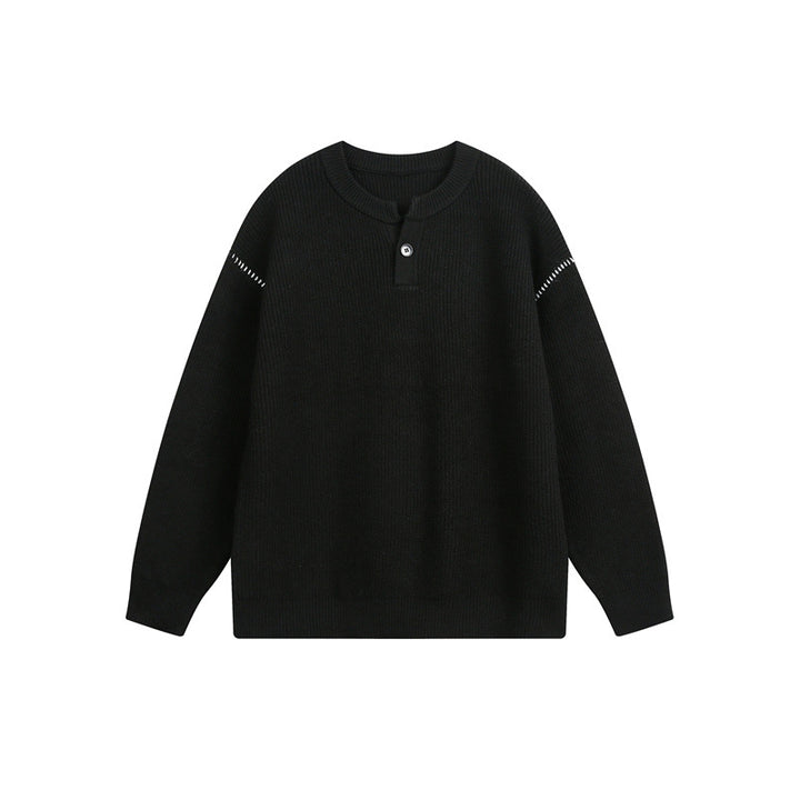 Unisex chunky knit henley pullover with button placket and drop shoulder drape