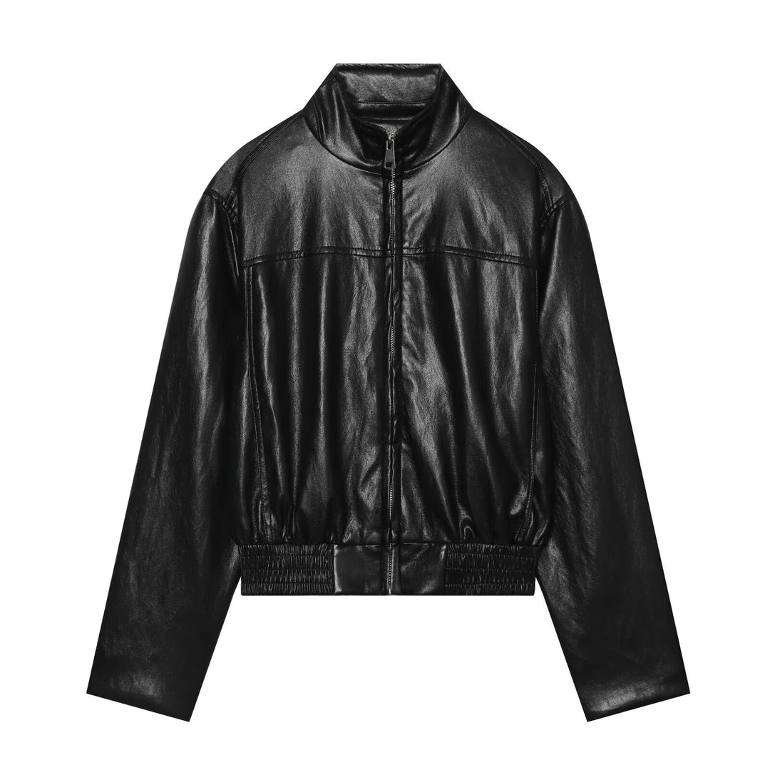 Women's Oversized Leather Bomber Jacket with Stand Collar and Ribbed Hem Mune Fashion