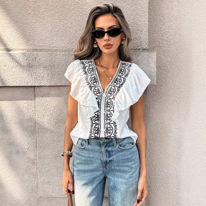 Ladies Embroidered Blouse with V-Neck, Button Placket and Ruffle Sleeves Mune Fashion