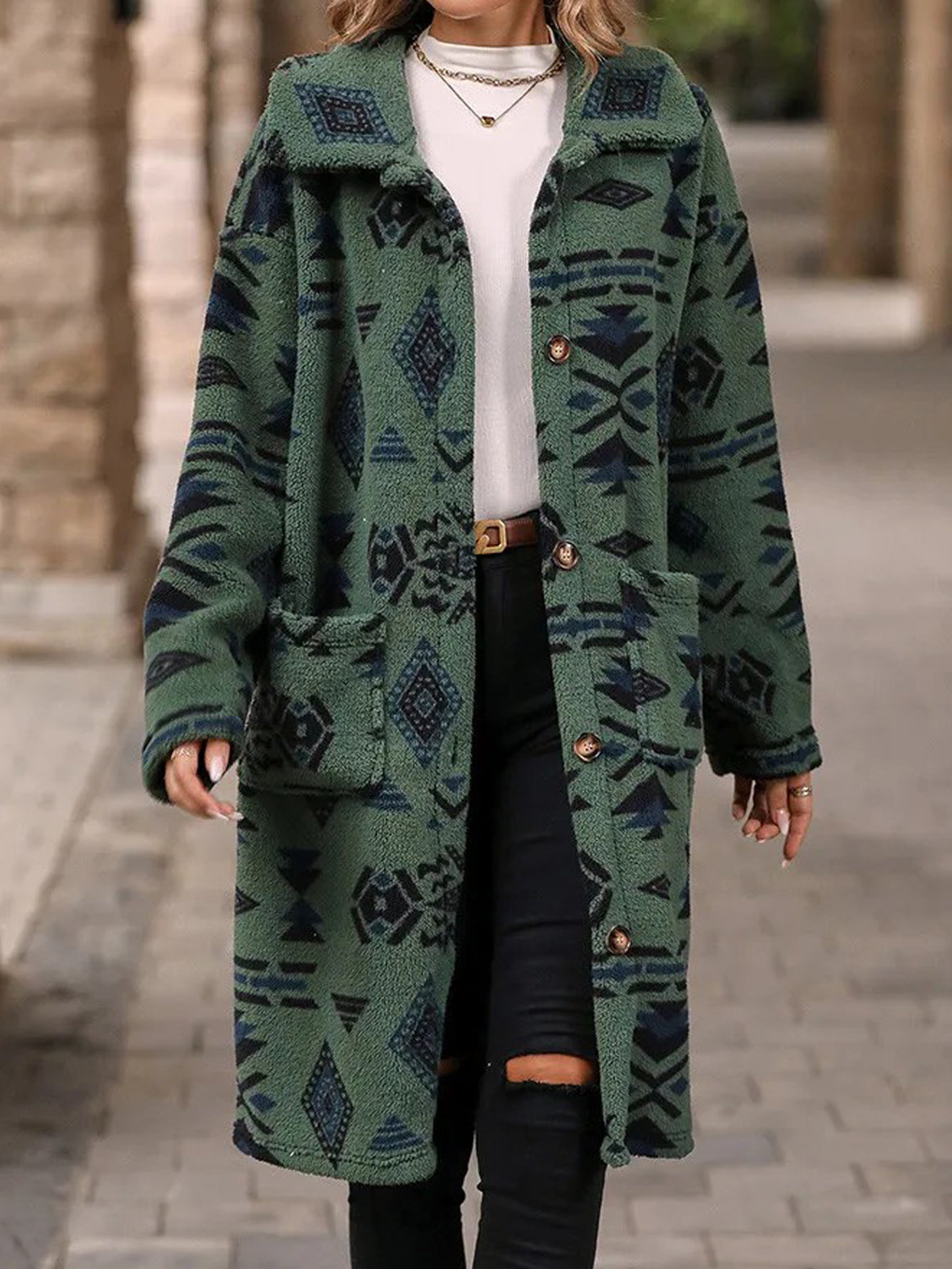 Women Teddy Coat with Aztec Pattern, Button Placket and Patch Pockets Mune Fashion