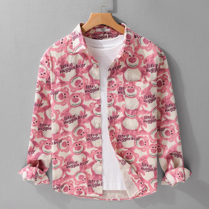 Men's Casual Loose-Fit Shirt with Full Button Placket, Chest Pocket, and Playful Allover Bear Print Mune Fashion