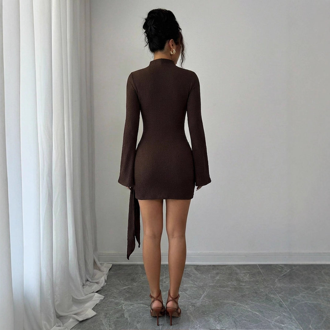 Women fitted knit mini dress with stand-up collar, trumpet sleeves and side draping with decorative ring Mune Fashion