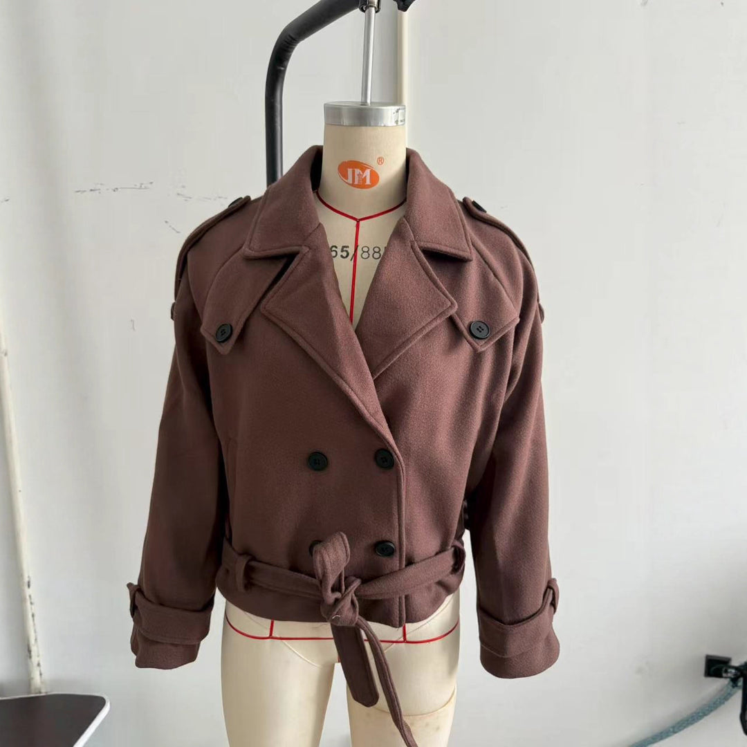 Women short cut oversized wool blend peacoat with wide lapels and tie belt Mune Fashion