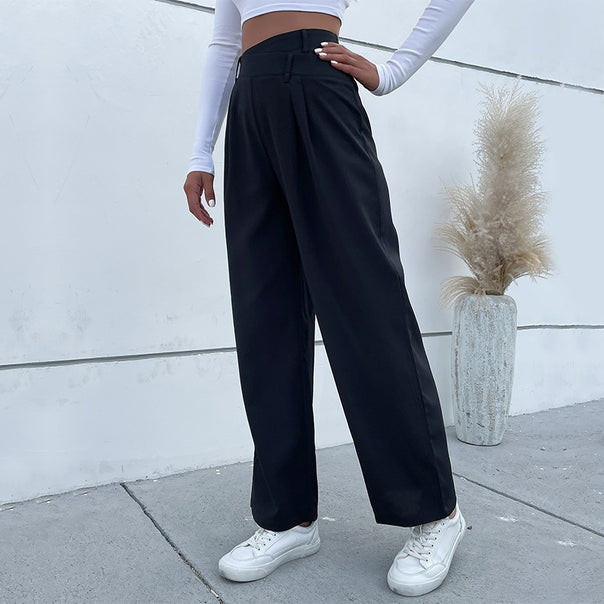 Women Elegant Fabric Trousers with High Waist, Pleats and Wide Leg Mune Fashion