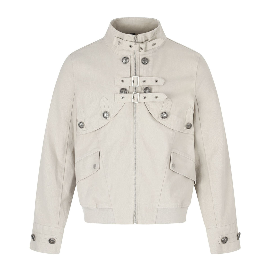 Women's short jacket in boxy cut with stand-up collar, buckle straps, and flap pockets.
