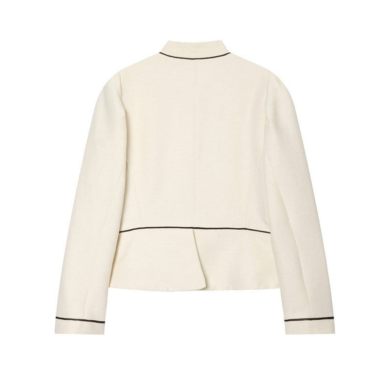 Women Bouclé-Tweed Short Jacket with Stand-Up Collar, Tailored Cut and Contrast Piping Mune Fashion