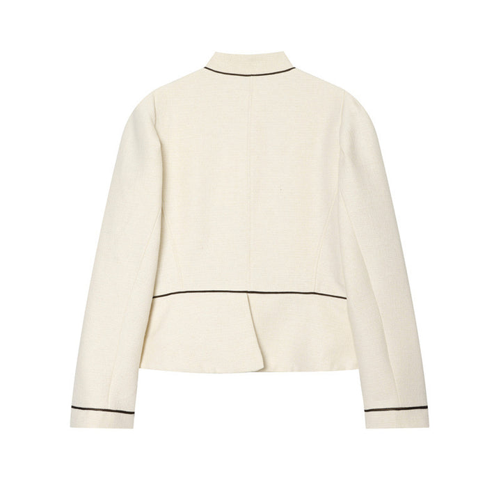 Women Bouclé-Tweed Short Jacket with Stand-Up Collar, Tailored Cut and Contrast Piping Mune Fashion