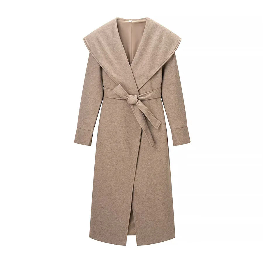 Women's longer wrap absolute coat with voluminous shawl collar and waist belt Mune Fashion