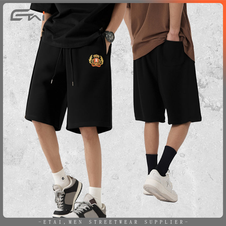 Men's Knee-Length French Terry Sweat Shorts with Drawstring and Embroidered Crest Mune Fashion