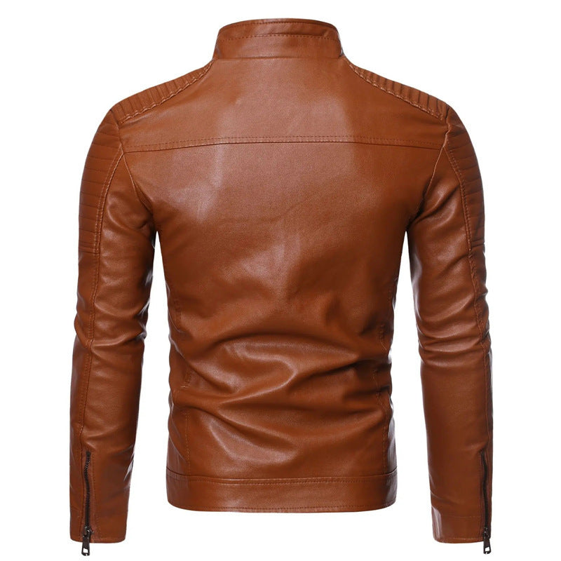 Men's Slim-Fit Biker Leather Jacket with Stand Collar and Quilted Shoulder Area Mune Fashion