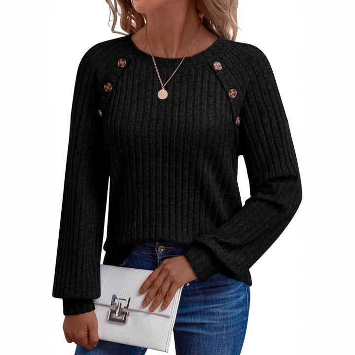 Women's Ribbed Knit Sweater with Decorative Button Placket on Raglan Sleeves Mune Fashion