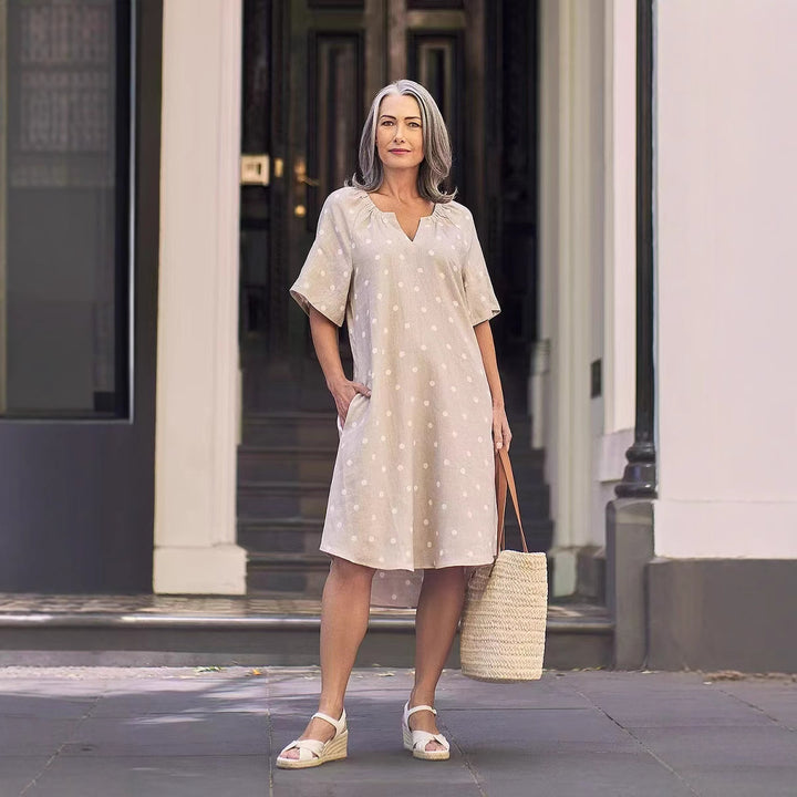 Ladies casual A-line linen look dress with V-neck, gathered shoulder area and side pockets Mune Fashion