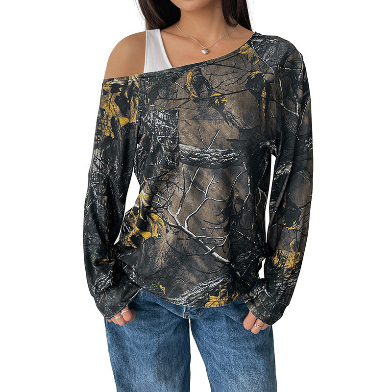 Women's Off-Shoulder Long Sleeve Shirt with Camouflage Forest Print Mune Fashion