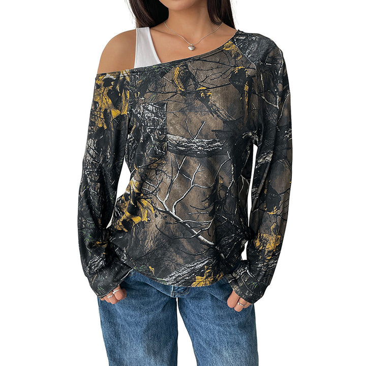 Women's Off-Shoulder Long Sleeve Shirt with Camouflage Forest Print Mune Fashion