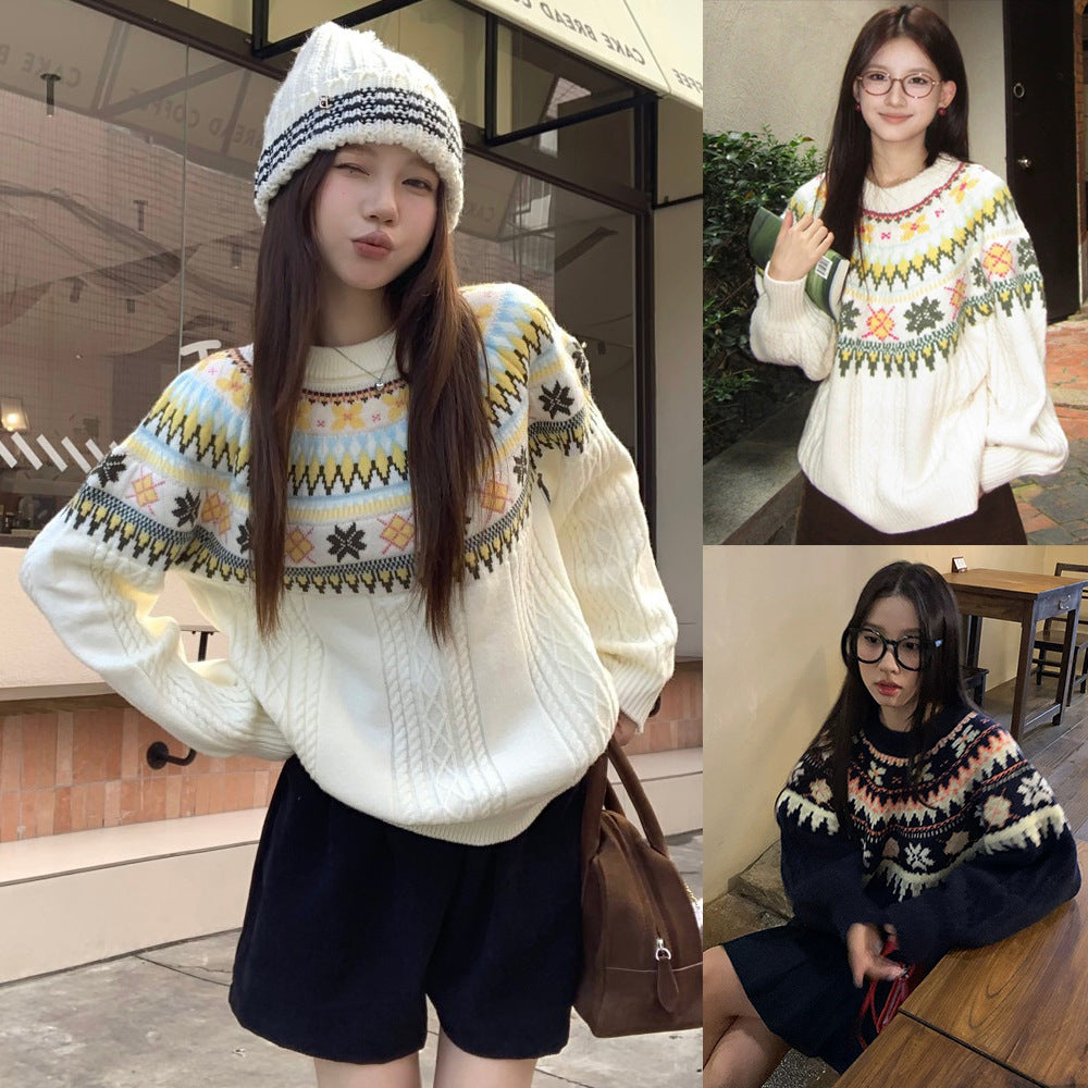 Women's Fashionable Chunky Knit Sweater with Norwegian Pattern Mune Fashion