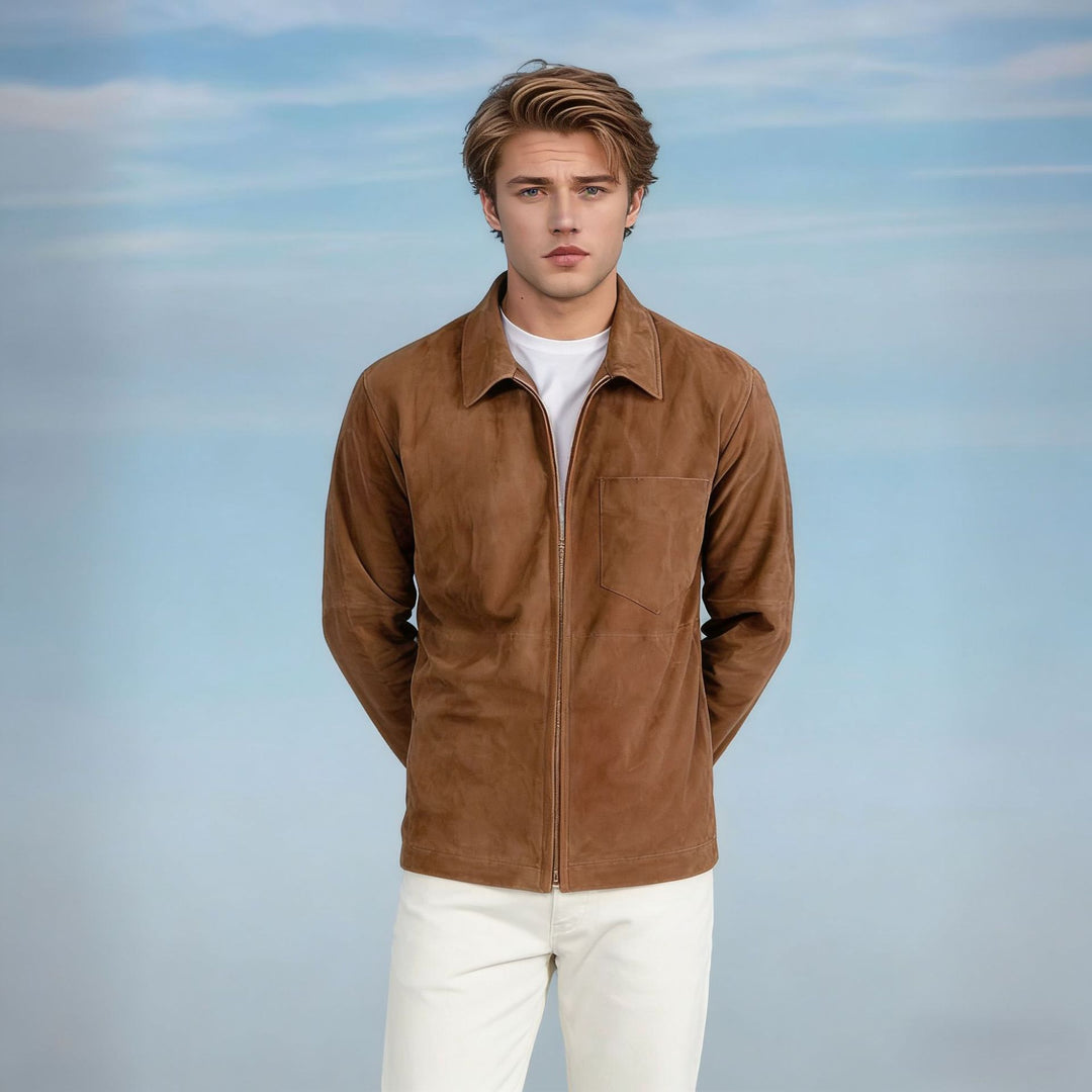 Men's suede jacket with zipper and shirt collar Mune Fashion