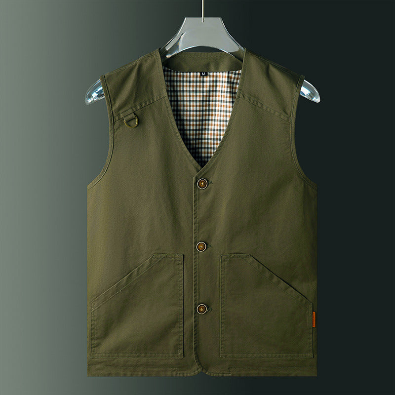 Men's Lightweight Cotton Canvas Vest with Checkered Lining, V-Neck and Large Front Pockets Mune Fashion