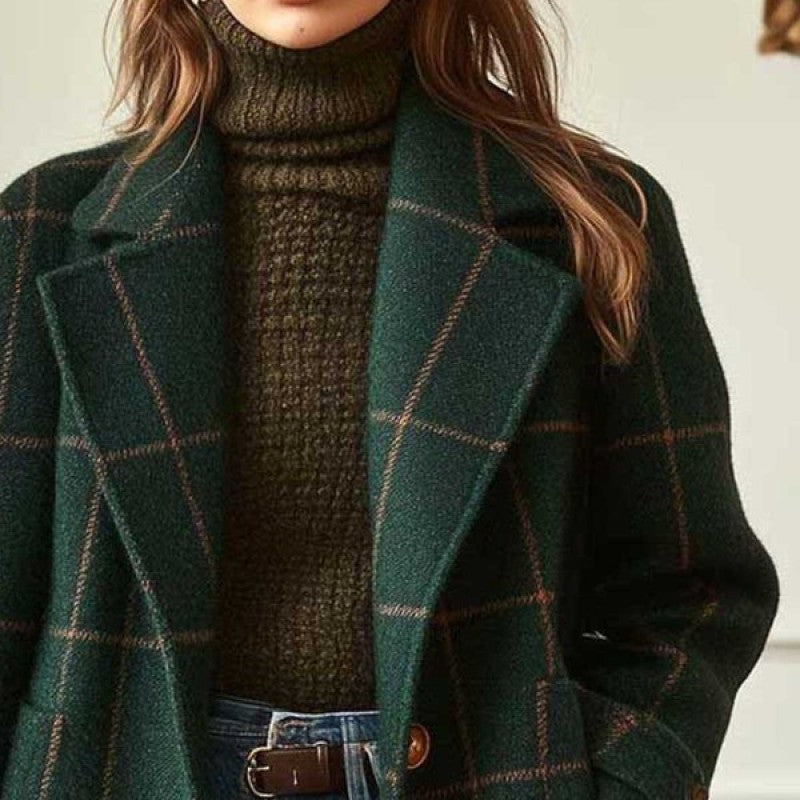 Women's Checked Wool Blend Coat with Oversized Shoulder and Classic Lapel Mune Fashion