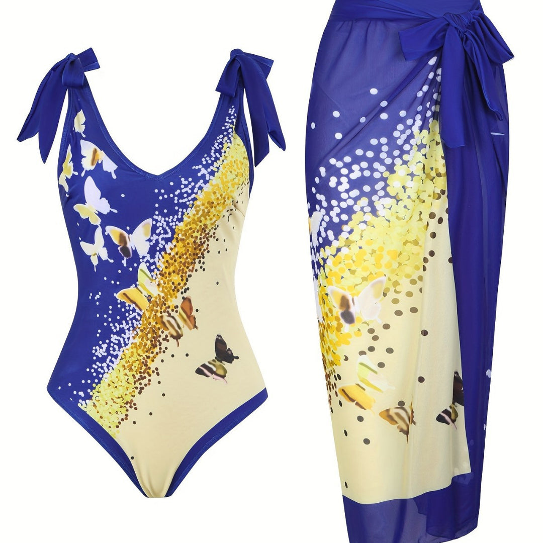 Women's Colorful Printed Swimsuit with Matching Wrap Skirt Mune Fashion