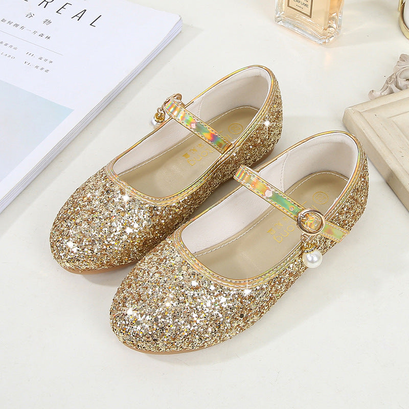 Girl Glittering Mary Jane Ballet Flats with Pearl Application Mune Fashion