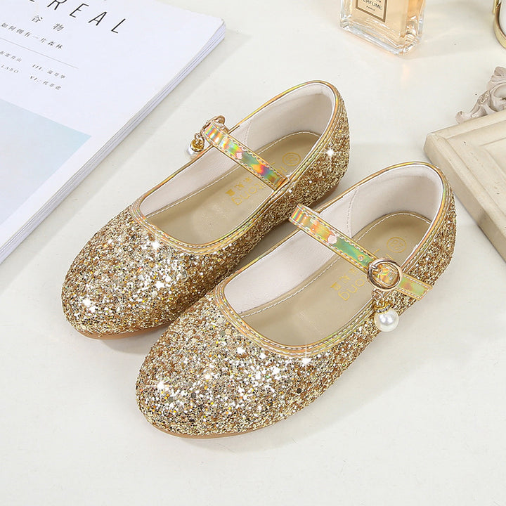Girl Glittering Mary Jane Ballet Flats with Pearl Application Mune Fashion