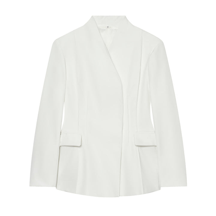 Women Tailored Collarless Blazer with Patch Pockets and Fine Dart Seam Mune Fashion