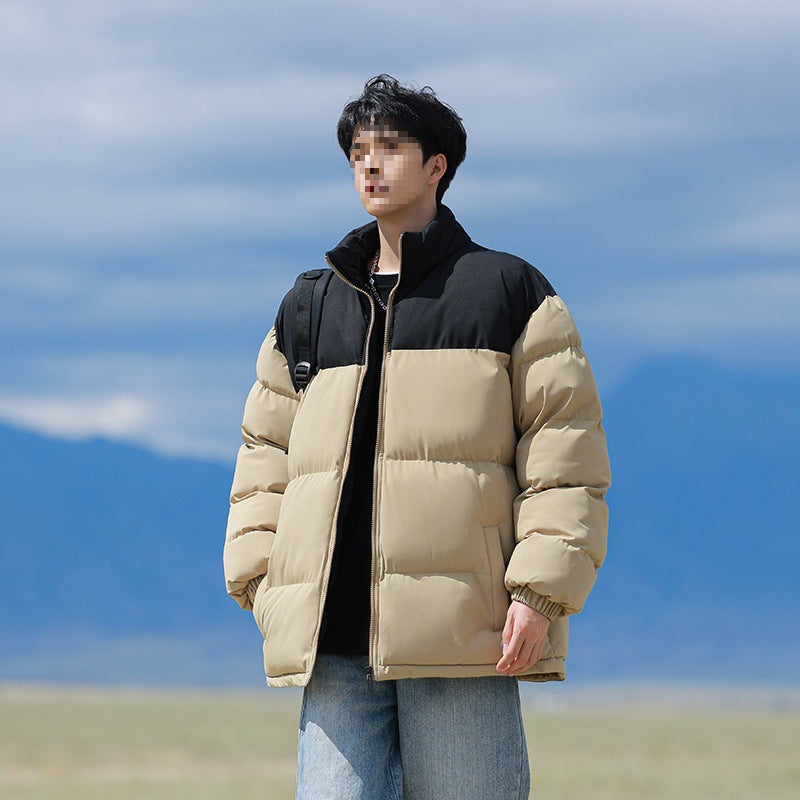 Men's Oversized Quilted Jacket with Colorblock Shoulder, High Stand Collar & Windproof Padding Mune Fashion