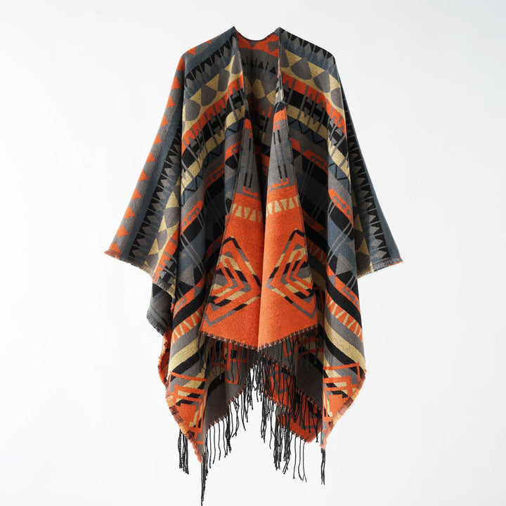 Women's Geometric Patterned Wool Blend Poncho with Point and Fringes Mune Fashion