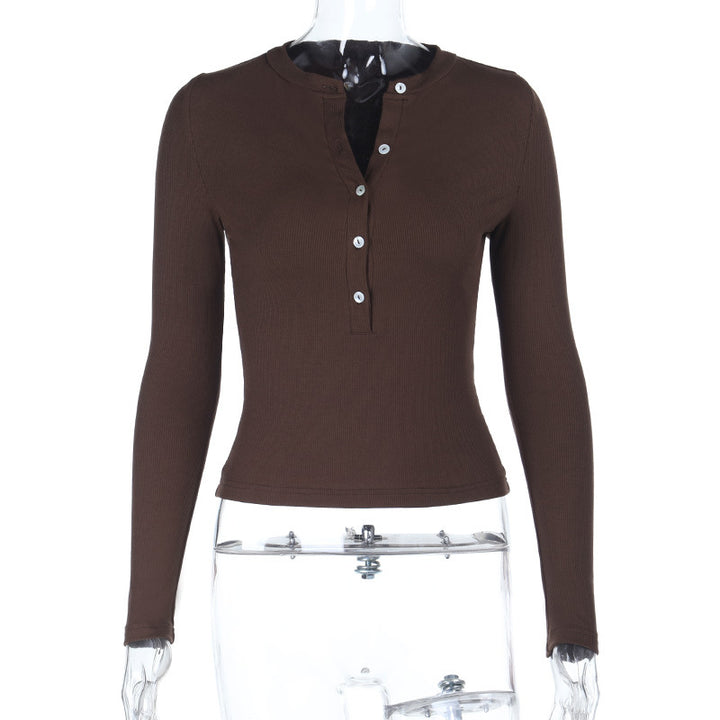 Damen Figurbetontes geripptes Henley-Longsleeve mit Knopfleiste Mune Fashion