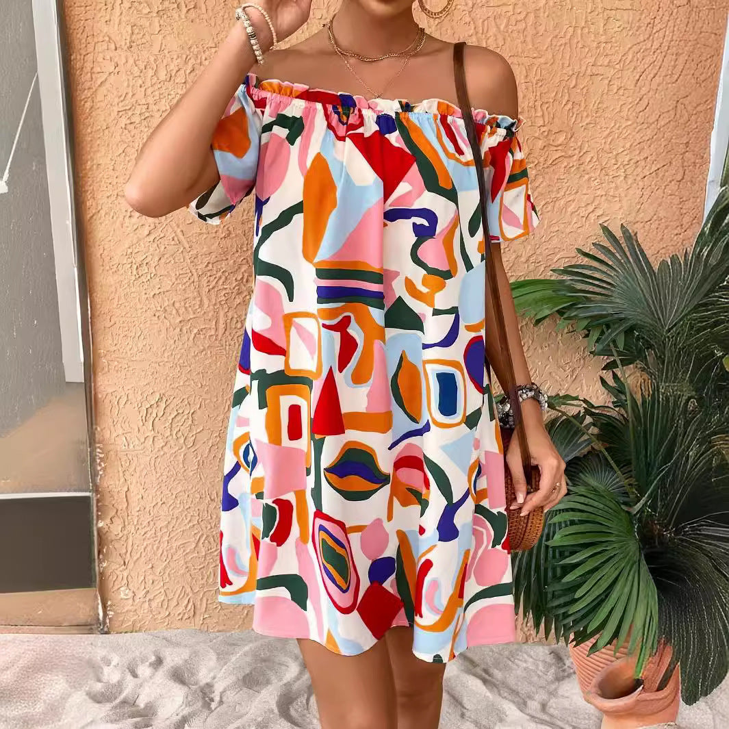 Women off-the-shoulder A-line mini dress with elastic smocked neckline and ruffled sleeves Mune Fashion