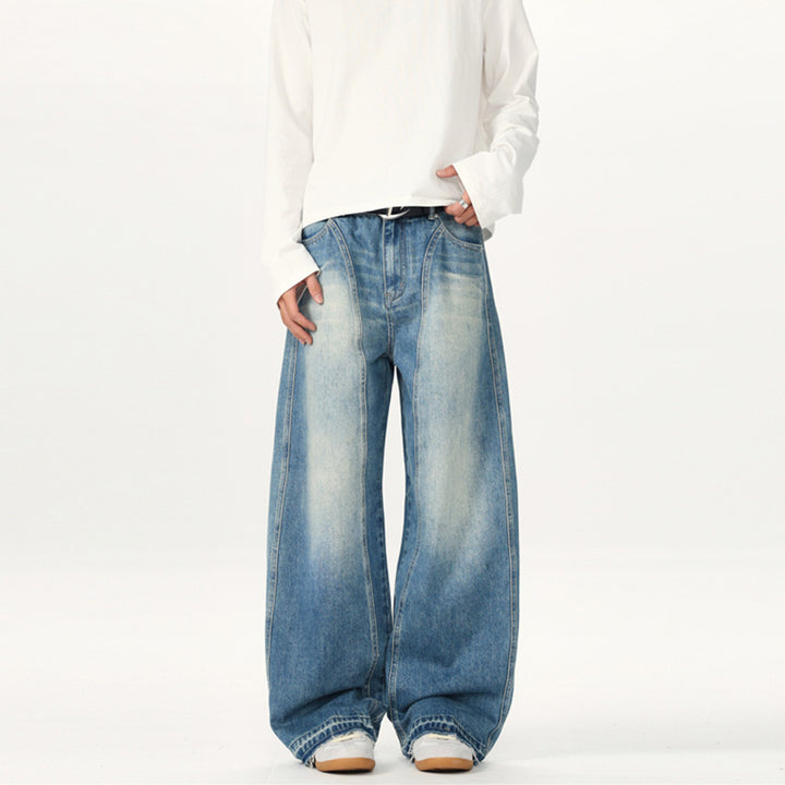 Men's Extra Wide Vintage Denim Jeans with Palazzo Cut and Vertical Seam Design Mune Fashion