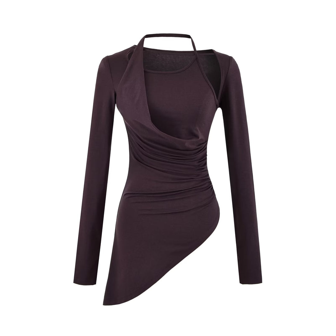 Women Fitted Long Sleeve Midi Dress with Asymmetrical Hem, Gathering and Halter Neck