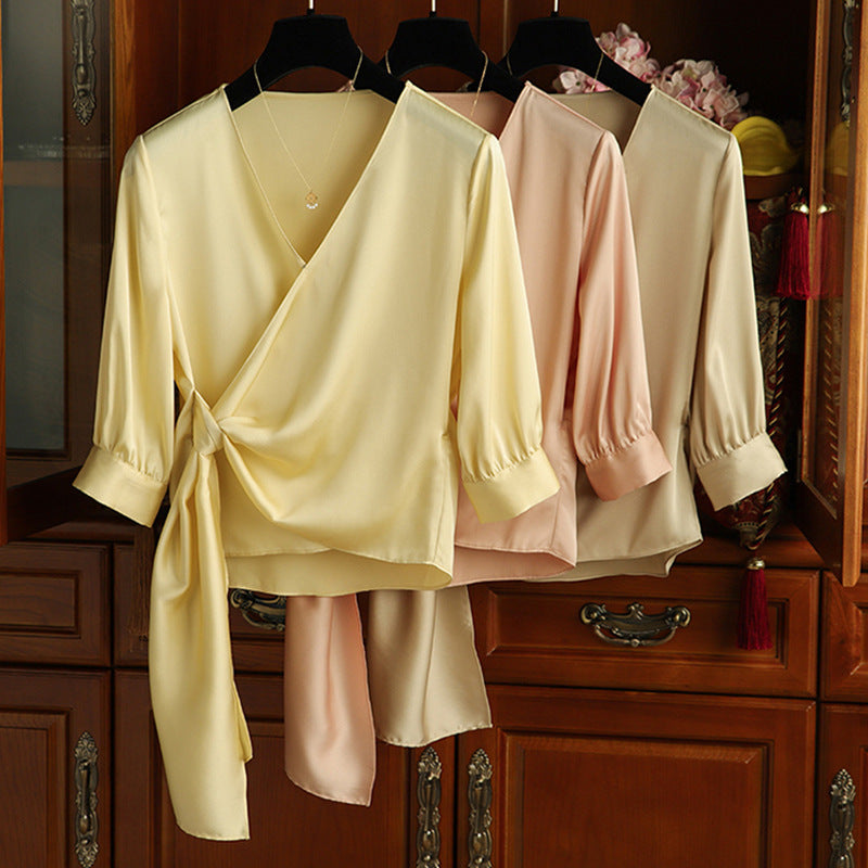 Women Elegant Wrap Blouse with Waistband Mune Fashion