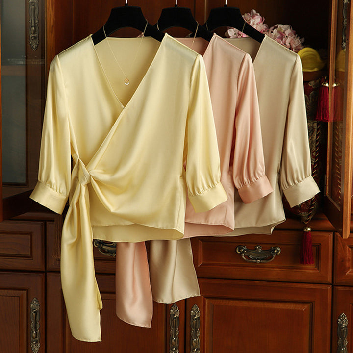Women Elegant Wrap Blouse with Waistband Mune Fashion