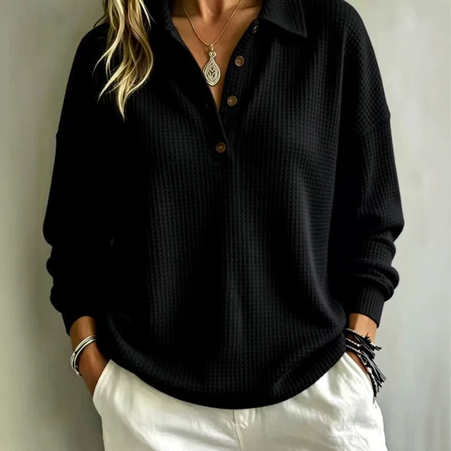 Ladies waffle knit polo with oversized fit, button placket and roll neck look Mune Fashion