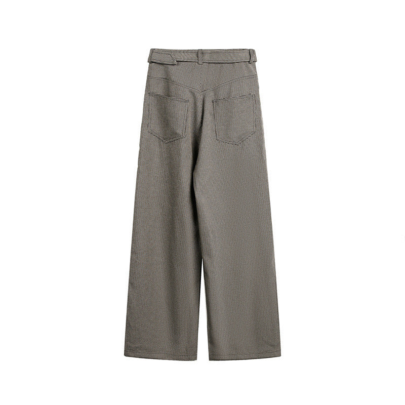 Women's Wide High-Waist Culotte Pants with Tie Belt and Glencheck Pattern Mune Fashion