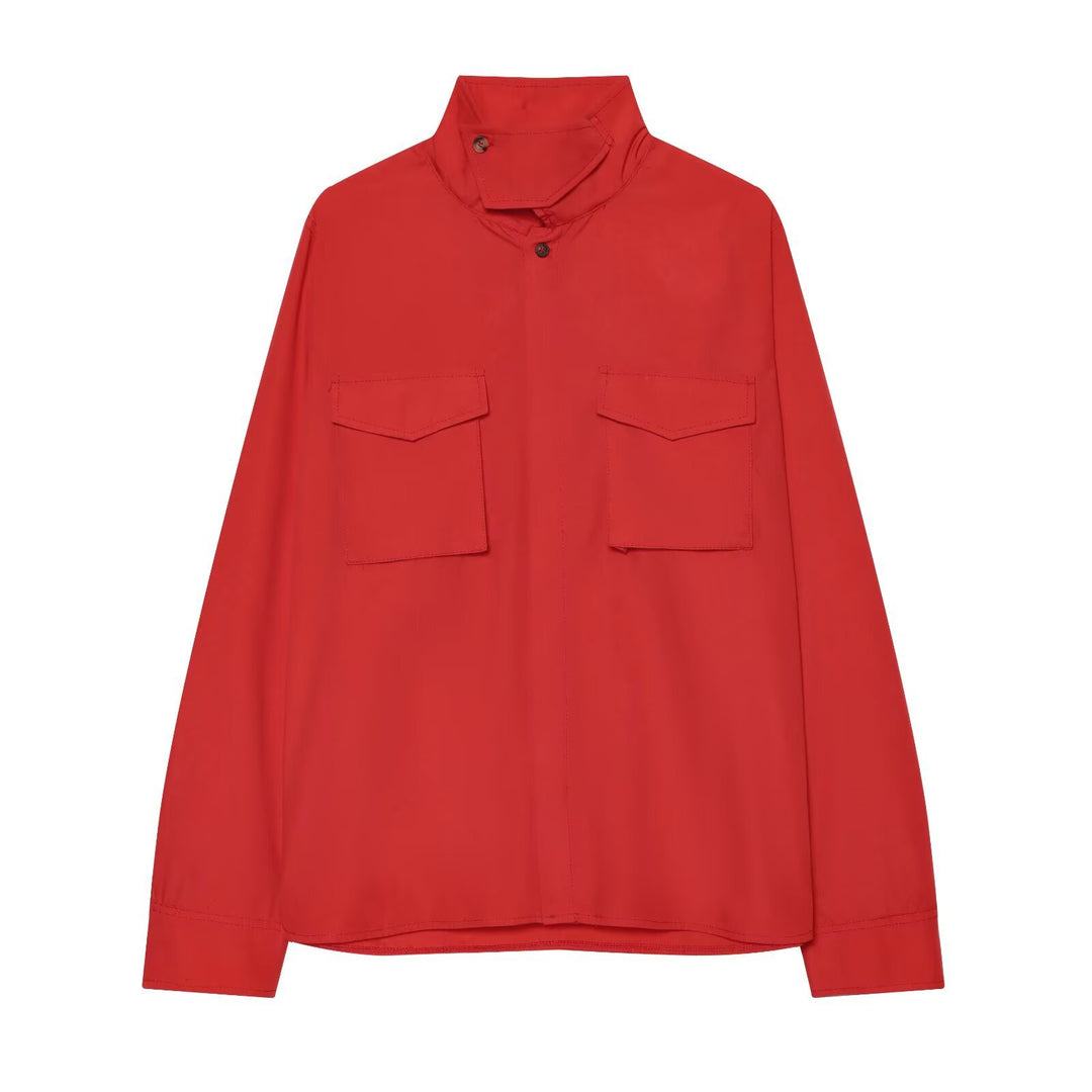 Women's overshirt with stand-up collar, patch chest pockets and concealed button placket Mune Fashion