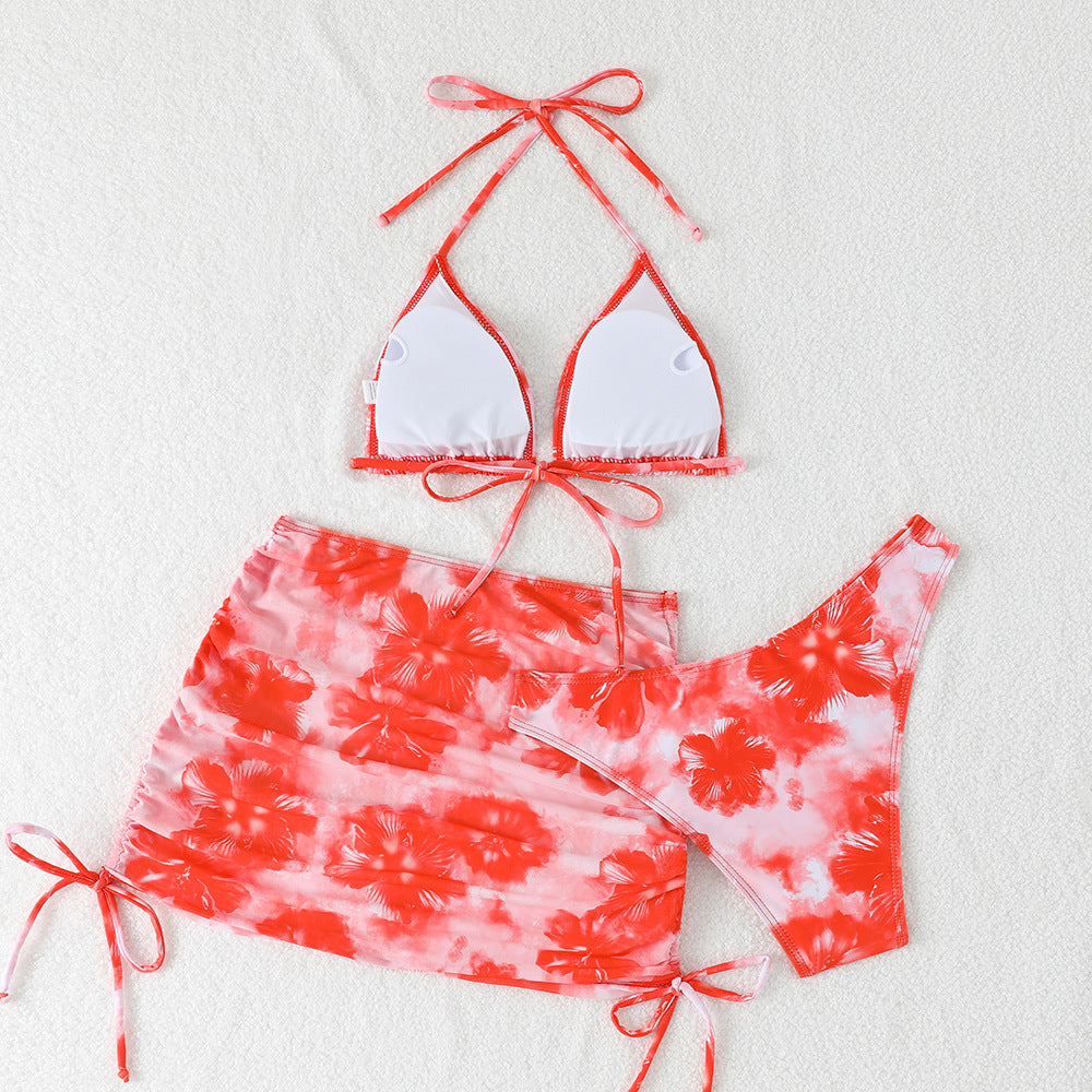Women's Triangle Bikini Set with Adjustable Straps and Floral Wrap Skirt Mune Fashion