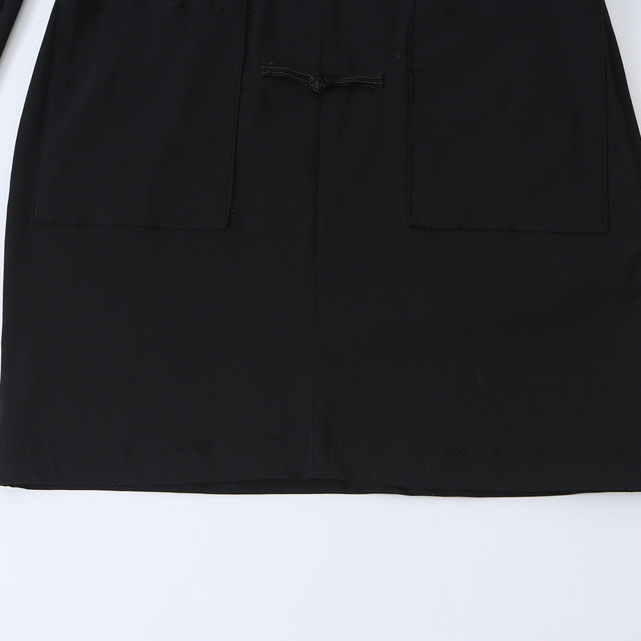 Women’s Mid-Length Coat with Stand Collar, traditional Knot closures and straight cut Mune Fashion
