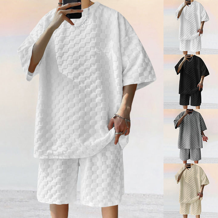 Unisex nan structured relief set made of honeycomb jersey with oversized shirt and knee-length shorts Mune Fashion