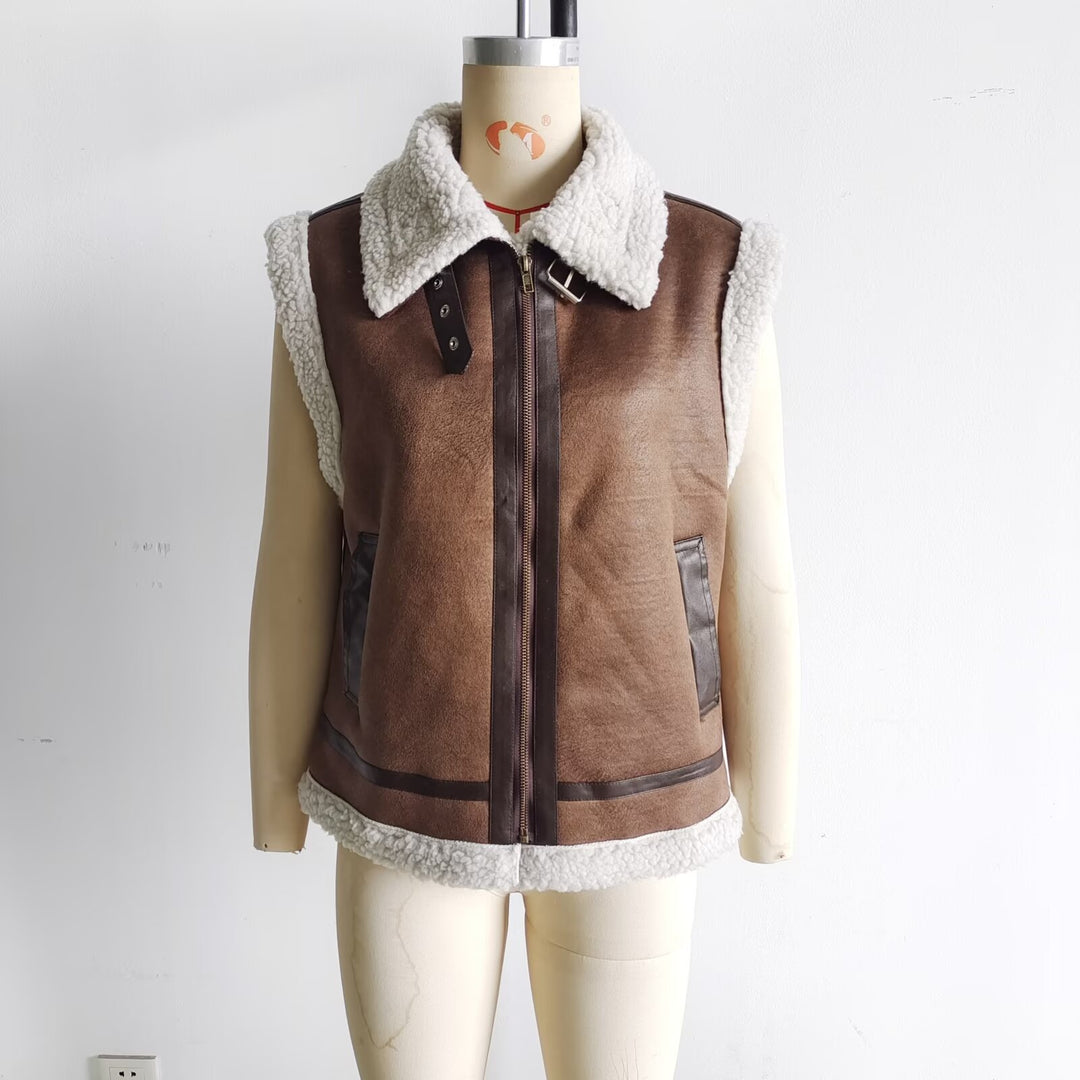 Women nan padded lambskin imitation vest with large Sherpa collar, zipper and side pockets Mune Fashion